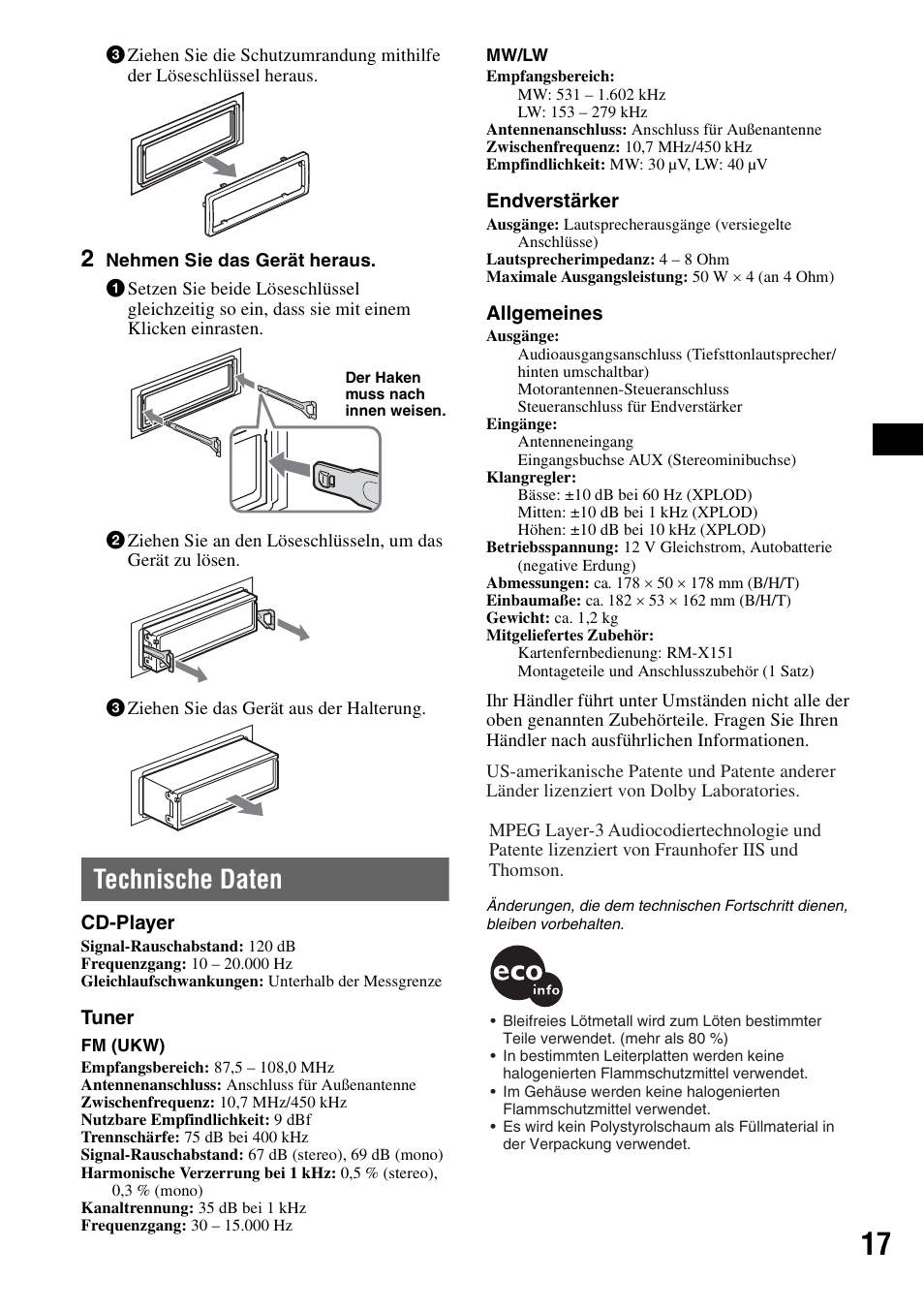 Technische daten | Sony CDX-A250 User Manual | Page 35 / 92