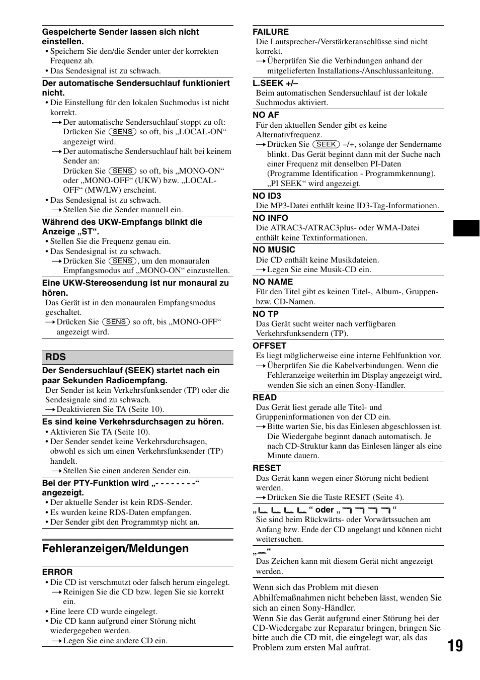 Fehleranzeigen/meldungen | Sony CDX-A250 User Manual | Page 37 / 92