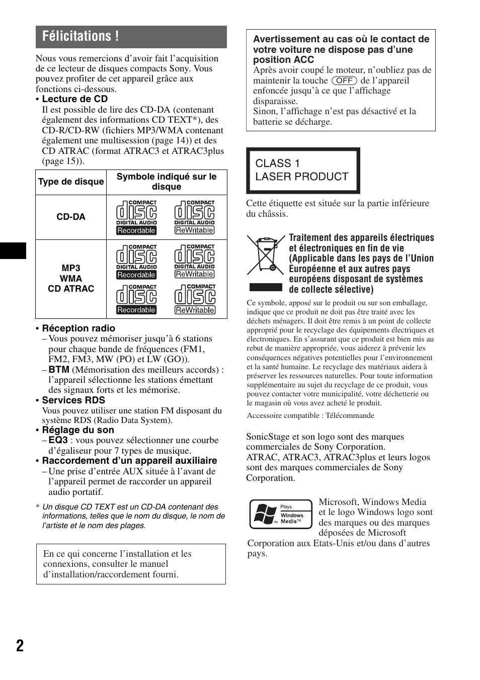 Félicitations | Sony CDX-A250 User Manual | Page 38 / 92