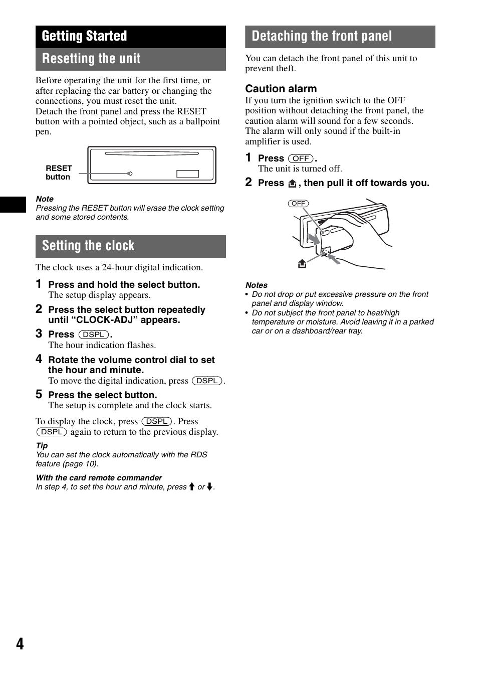 Getting started, Resetting the unit, Setting the clock | Detaching the front panel, Getting started resetting the unit | Sony CDX-A250 User Manual | Page 4 / 92
