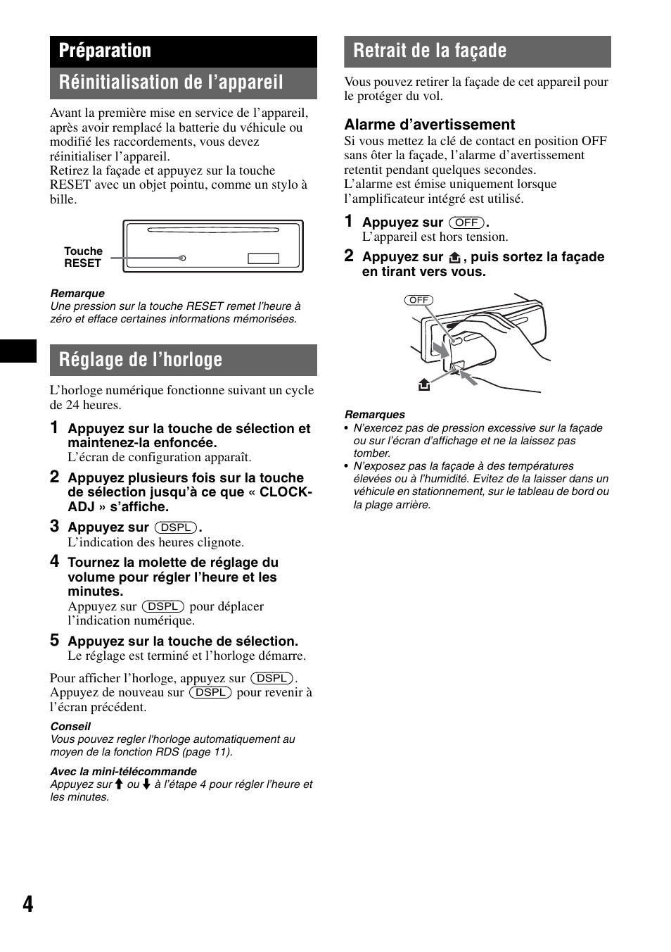 Préparation, Réinitialisation de l’appareil, Réglage de l’horloge | Retrait de la façade, Préparation réinitialisation de l’appareil | Sony CDX-A250 User Manual | Page 40 / 92
