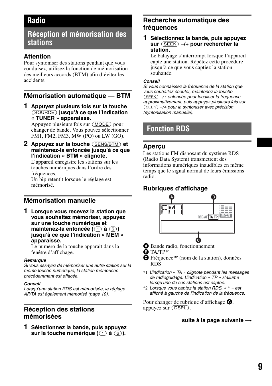 Radio, Réception et mémorisation des stations, Mémorisation automatique - btm | Mémorisation manuelle, Réception des stations mémorisées, Recherche automatique des fréquences, Fonction rds, Aperçu, Radio réception et mémorisation des stations | Sony CDX-A250 User Manual | Page 45 / 92