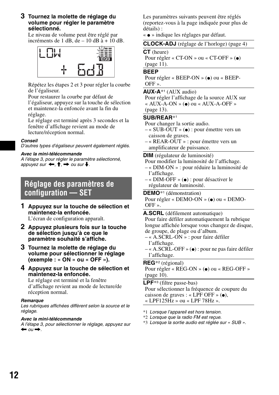Réglage des paramètres de configuration - set, Réglage des paramètres de configuration, Réglage des paramètres de configuration — set | Sony CDX-A250 User Manual | Page 48 / 92