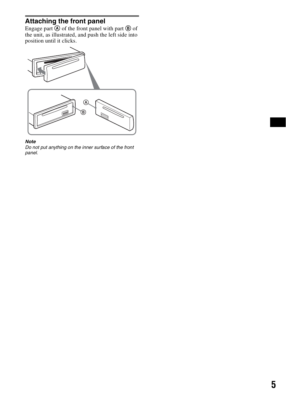 Attaching the front panel | Sony CDX-A250 User Manual | Page 5 / 92