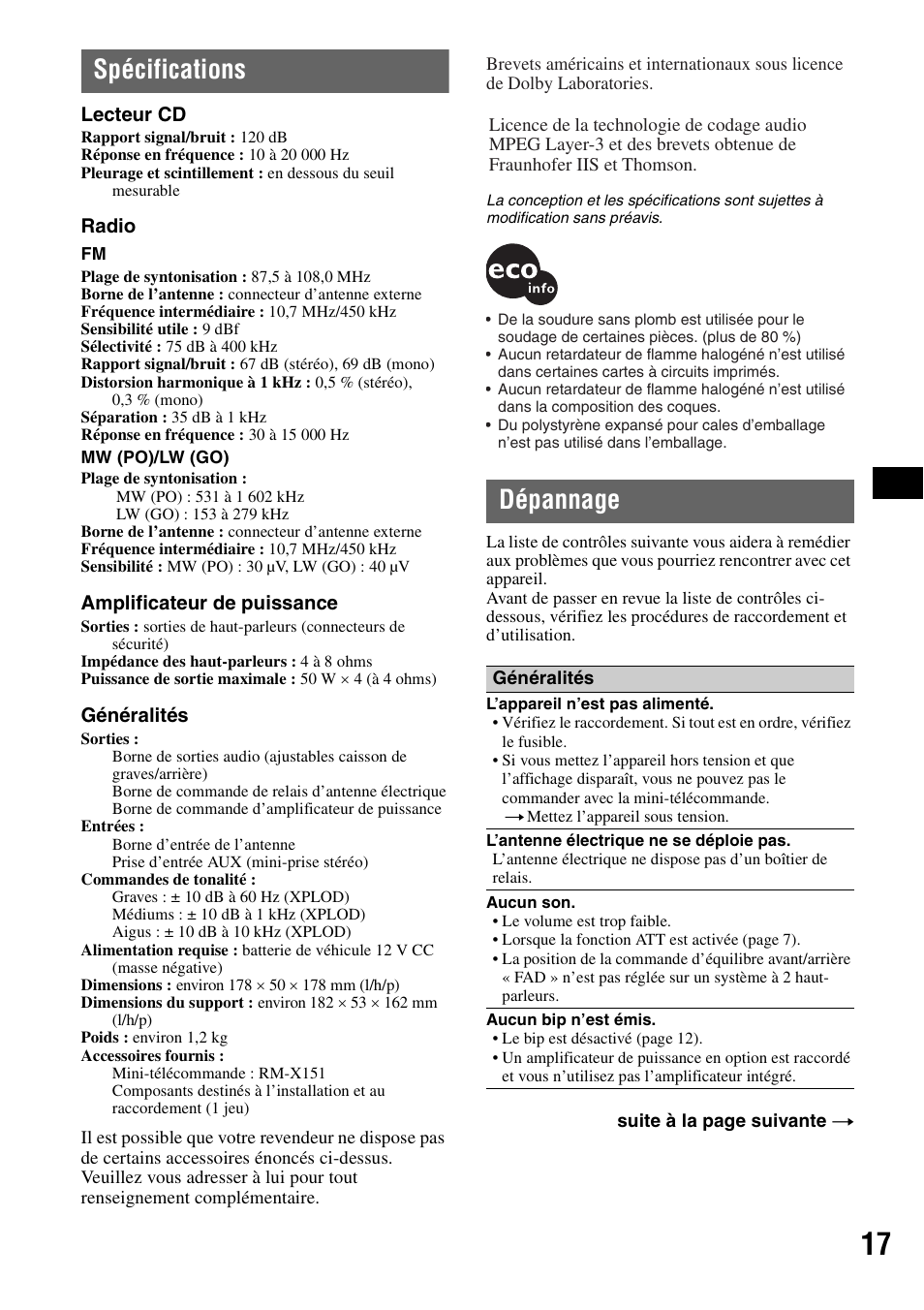 Spécifications, Dépannage, Spécifications dépannage | Sony CDX-A250 User Manual | Page 53 / 92