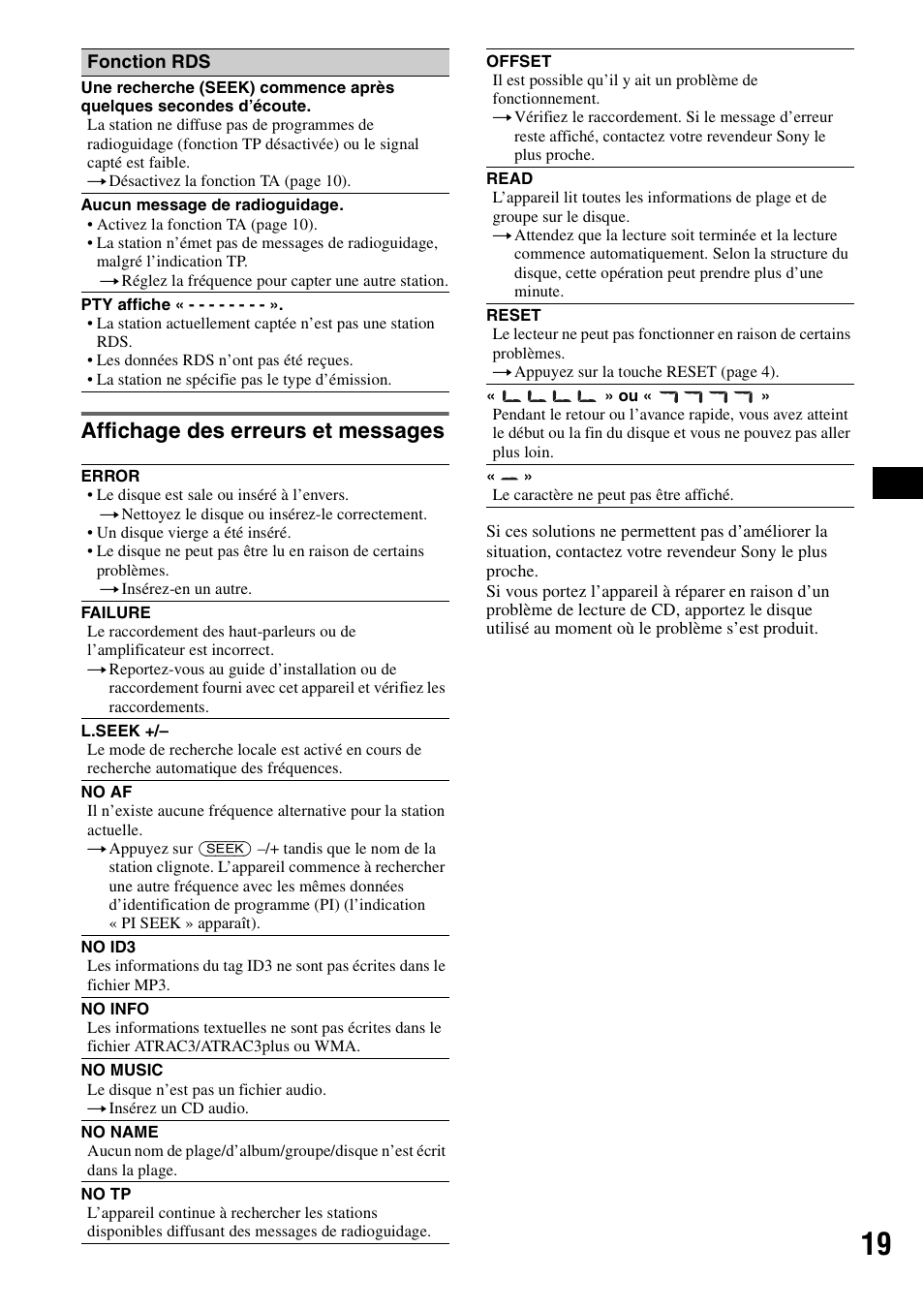 Affichage des erreurs et messages | Sony CDX-A250 User Manual | Page 55 / 92