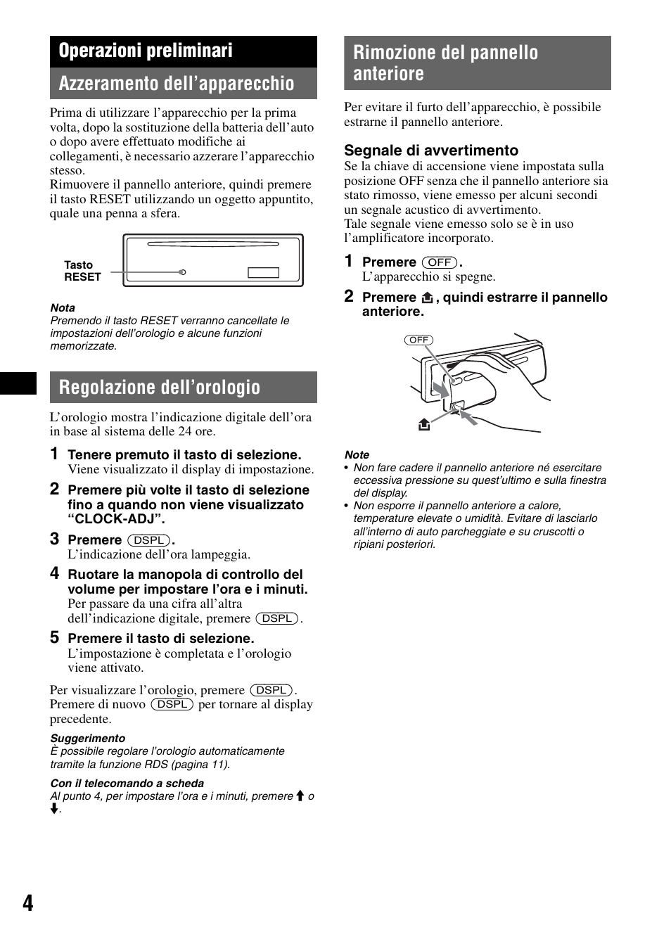 Operazioni preliminari, Azzeramento dell’apparecchio, Regolazione dell’orologio | Rimozione del pannello anteriore | Sony CDX-A250 User Manual | Page 58 / 92