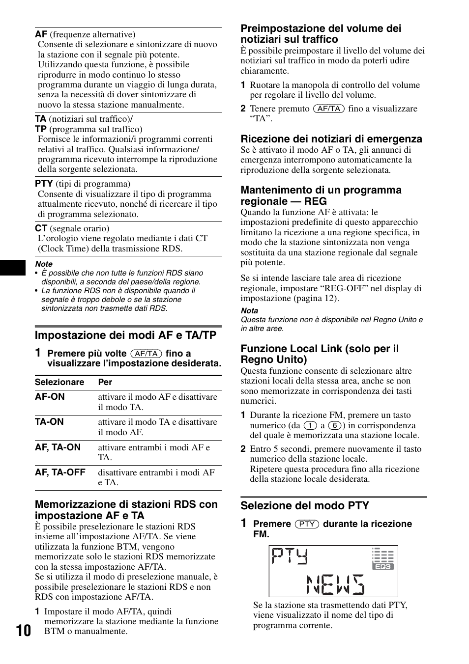 Impostazione dei modi af e ta/tp, Selezione del modo pty | Sony CDX-A250 User Manual | Page 64 / 92