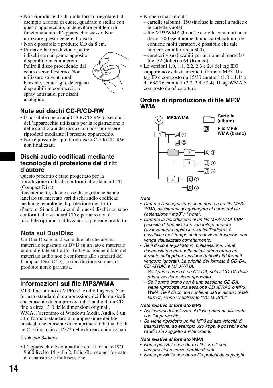 Informazioni sui file mp3/wma, Ordine di riproduzione di file mp3/ wma, Nota sui dualdisc | Sony CDX-A250 User Manual | Page 68 / 92