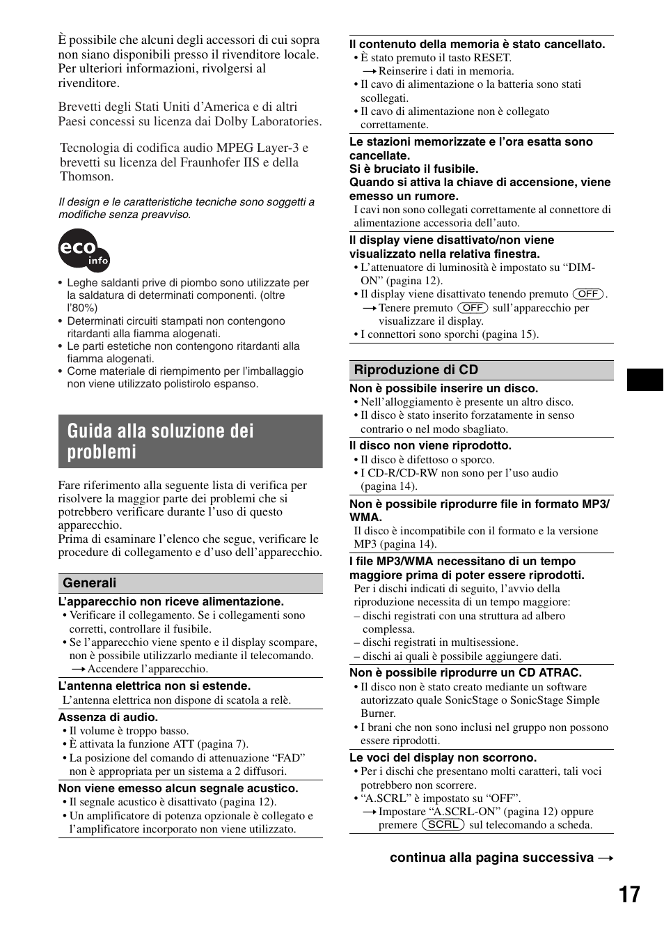 Guida alla soluzione dei problemi | Sony CDX-A250 User Manual | Page 71 / 92