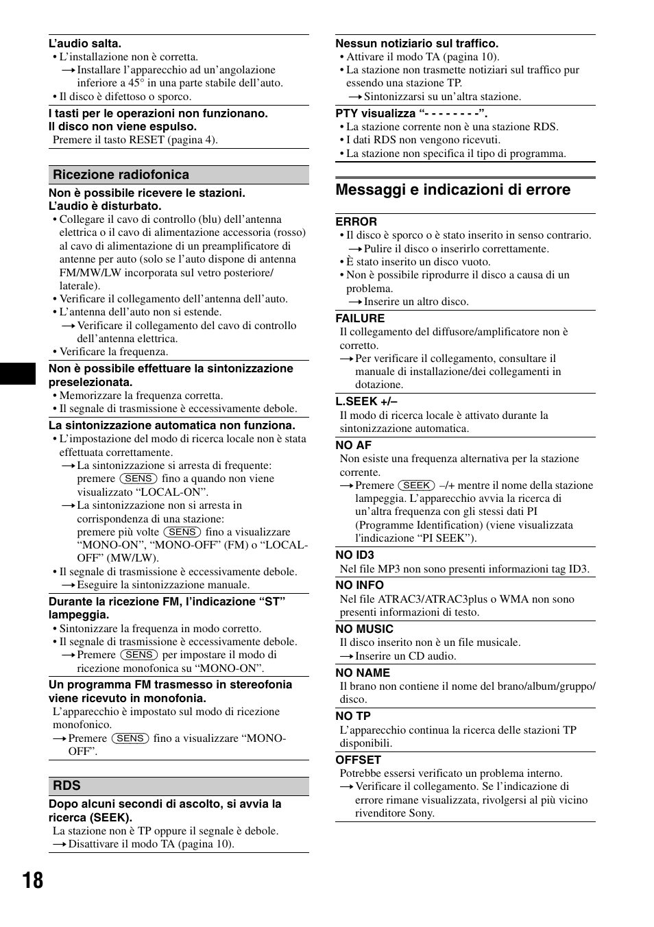 Messaggi e indicazioni di errore | Sony CDX-A250 User Manual | Page 72 / 92