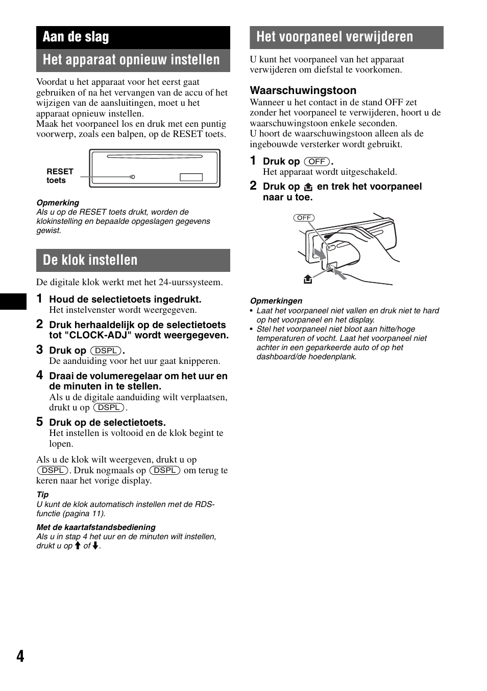 Aan de slag, Het apparaat opnieuw instellen, De klok instellen | Het voorpaneel verwijderen, Aan de slag het apparaat opnieuw instellen | Sony CDX-A250 User Manual | Page 76 / 92