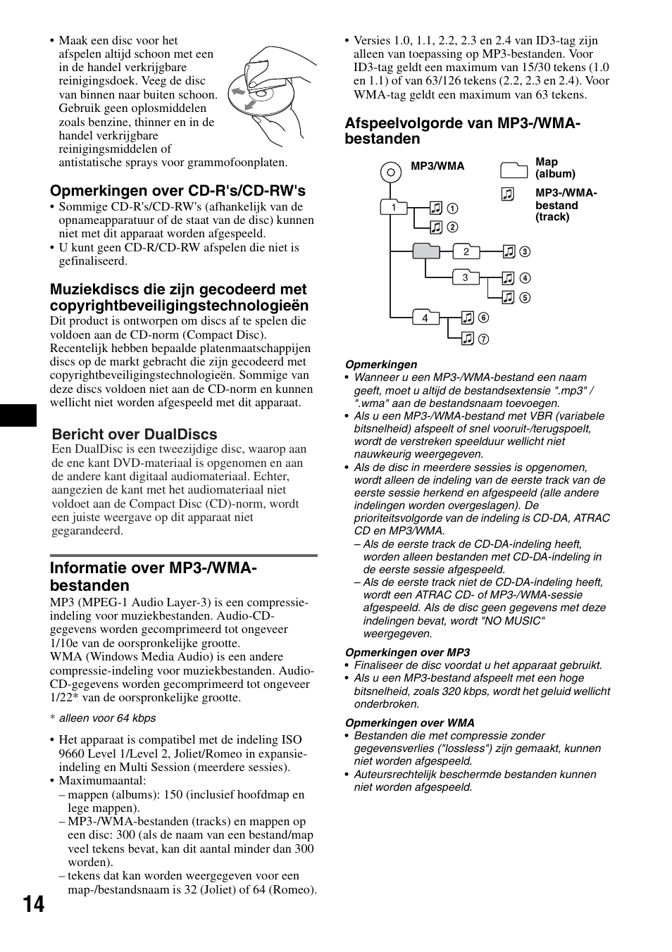 Informatie over mp3-/wma- bestanden, Informatie over mp3-/wma, Bestanden | Opmerkingen over cd-r's/cd-rw's, Afspeelvolgorde van mp3-/wma- bestanden, Bericht over dualdiscs | Sony CDX-A250 User Manual | Page 86 / 92