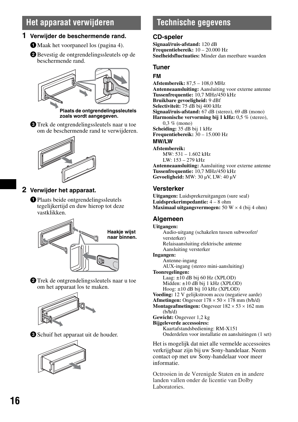 Het apparaat verwijderen, Technische gegevens, Het apparaat verwijderen technische gegevens | Sony CDX-A250 User Manual | Page 88 / 92