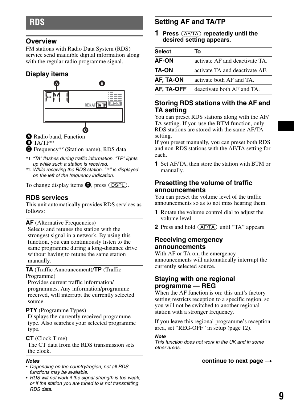 Overview, Setting af and ta/tp, Overview setting af and ta/tp | Sony CDX-A250 User Manual | Page 9 / 92