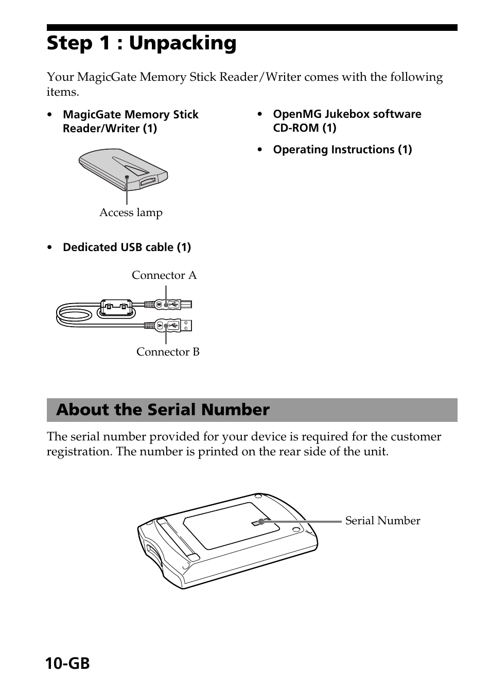 Step 1 : unpacking, About the serial number | Sony MagicGate MSGC-US10 User Manual | Page 10 / 92