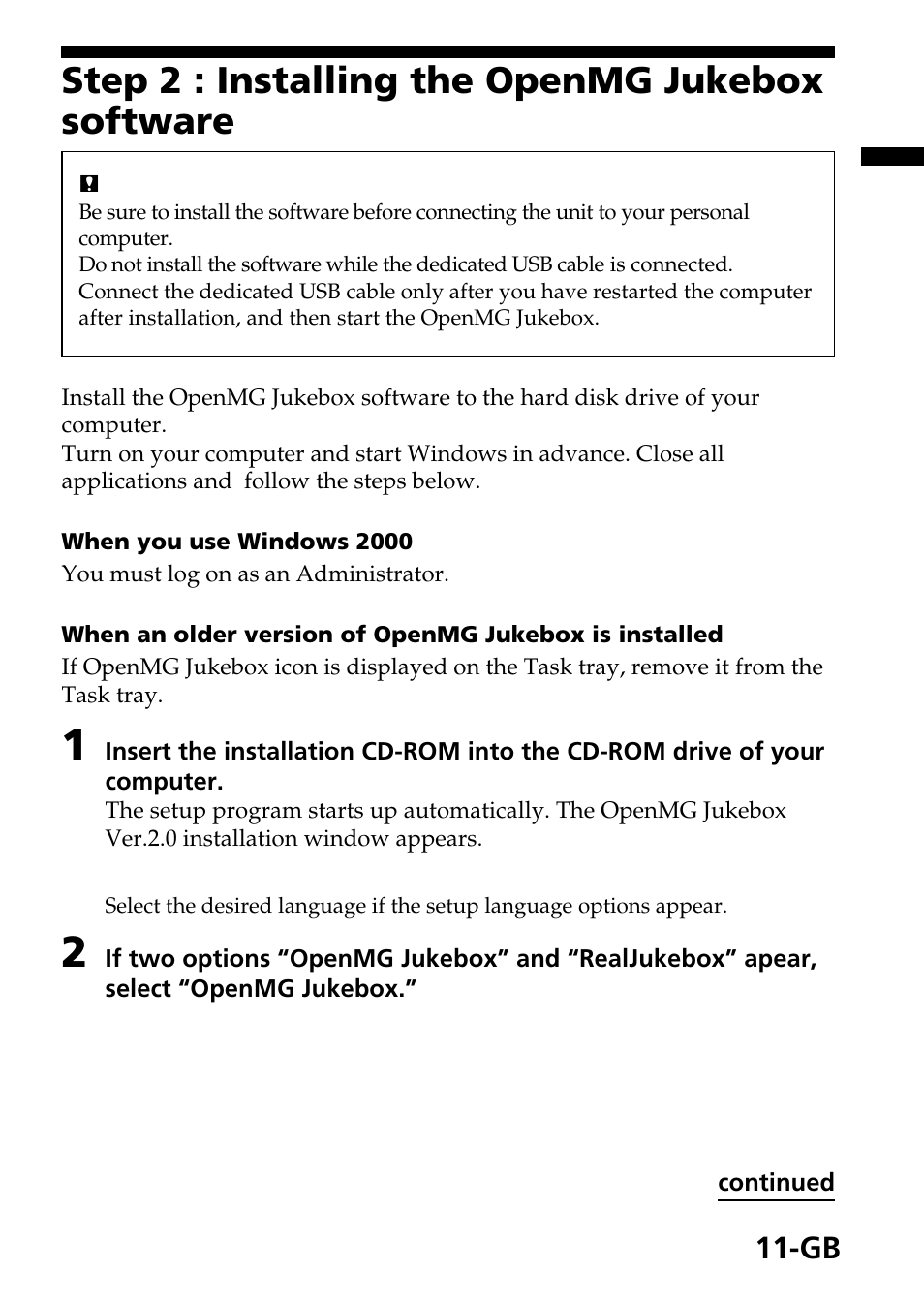 Step 2 : installing the openmg jukebox software | Sony MagicGate MSGC-US10 User Manual | Page 11 / 92