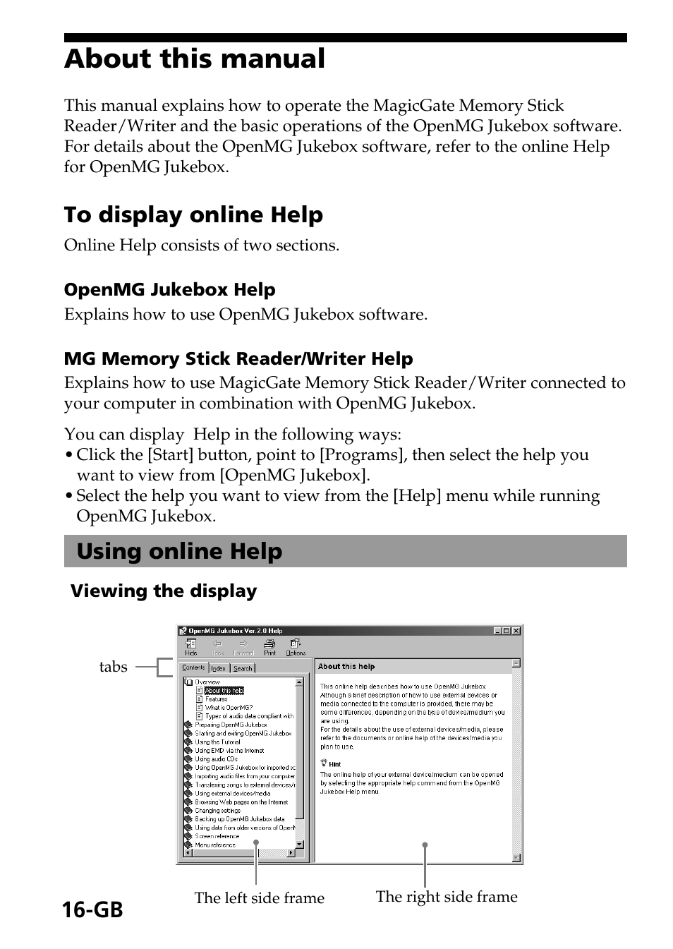 About this manual, Using online help | Sony MagicGate MSGC-US10 User Manual | Page 16 / 92