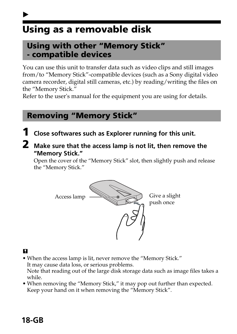 Basic operations, Using as a removable disk | Sony MagicGate MSGC-US10 User Manual | Page 18 / 92