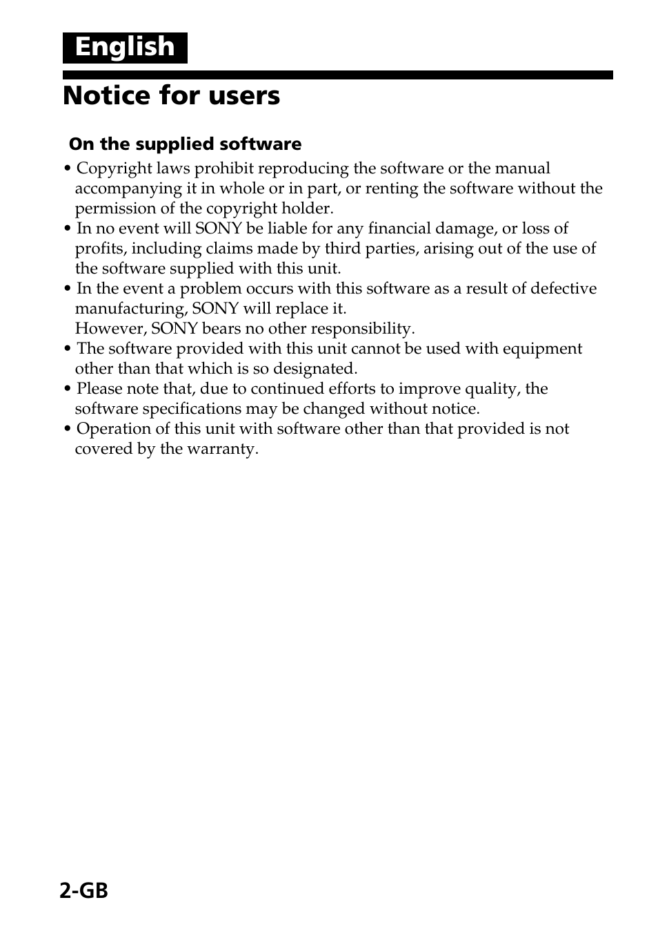 Notice for users, English | Sony MagicGate MSGC-US10 User Manual | Page 2 / 92