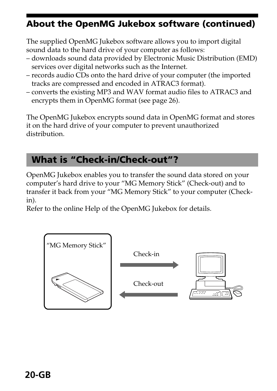 What is “check-in/check-out, About the openmg jukebox software (continued) | Sony MagicGate MSGC-US10 User Manual | Page 20 / 92