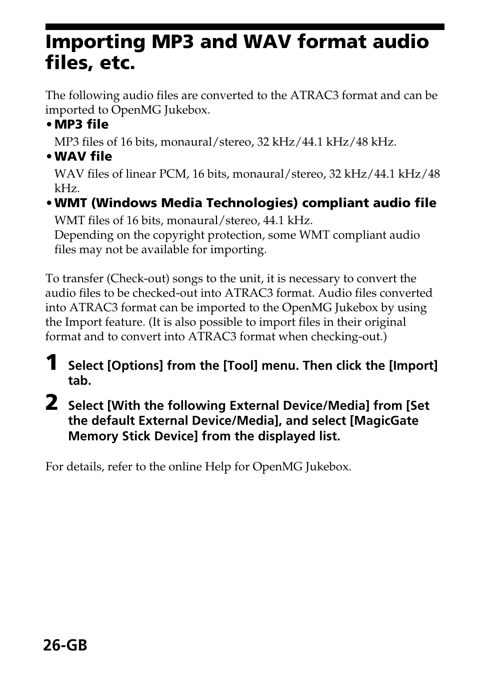 Importing mp3 and wav format audio files, etc | Sony MagicGate MSGC-US10 User Manual | Page 26 / 92