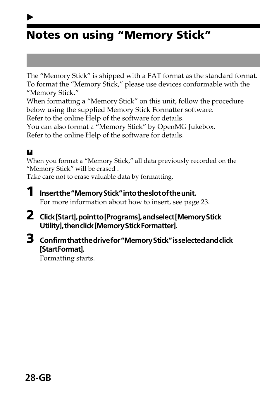 Other information, Notes on using “memory stick, Hinweise zum gebrauch des „memory sticks | Sony MagicGate MSGC-US10 User Manual | Page 28 / 92