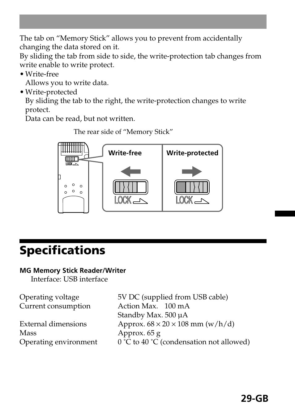 Specifications, Lock | Sony MagicGate MSGC-US10 User Manual | Page 29 / 92