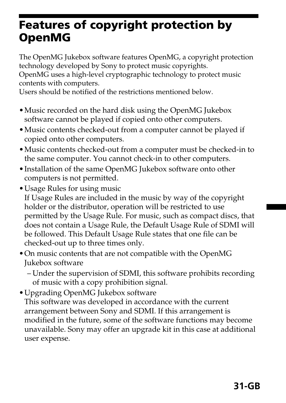 Features of copyright protection by openmg | Sony MagicGate MSGC-US10 User Manual | Page 31 / 92