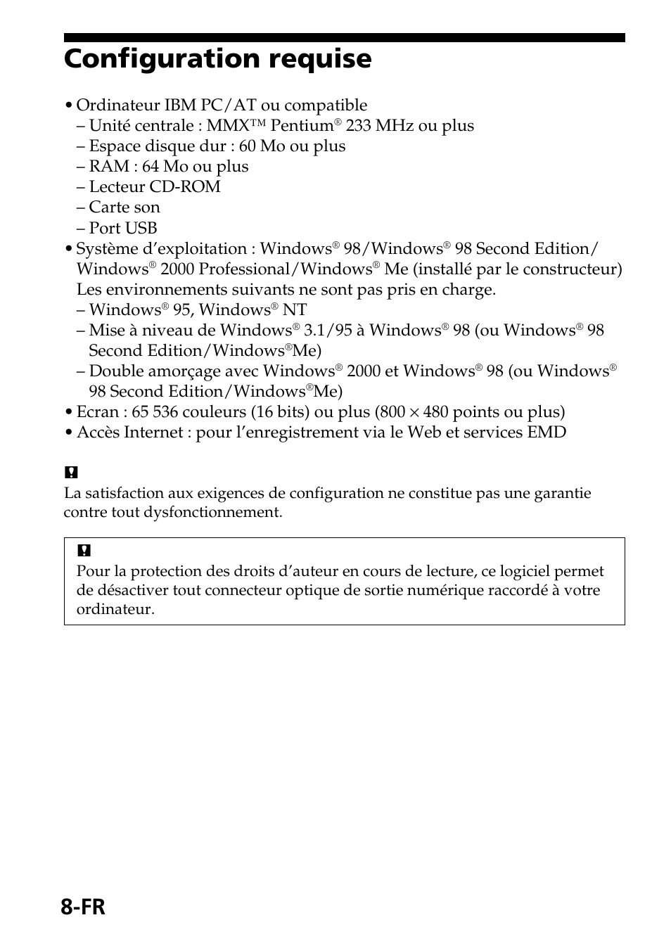 Configuration requise | Sony MagicGate MSGC-US10 User Manual | Page 38 / 92