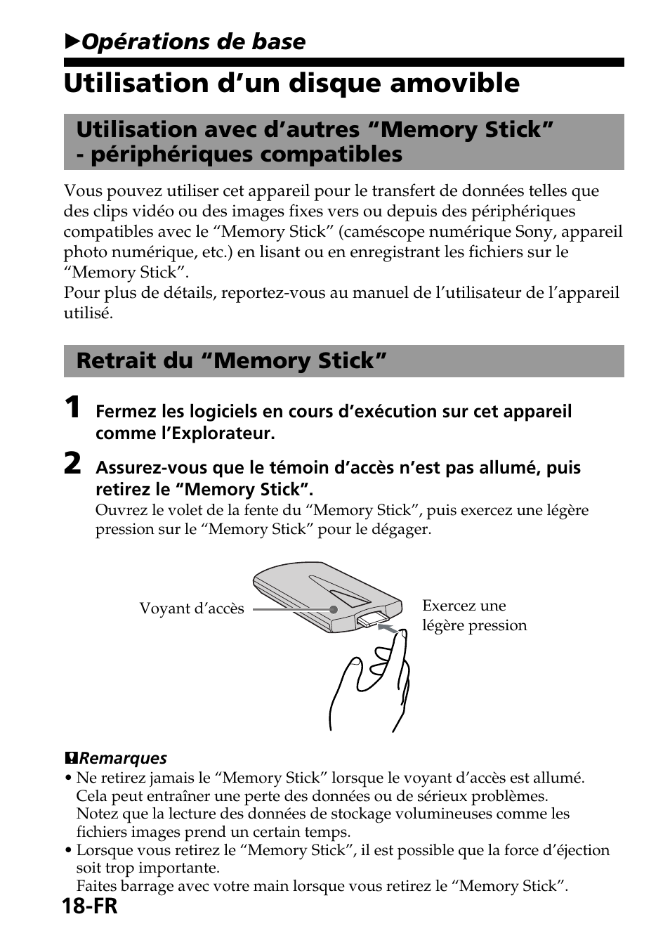 Opérations de base, Utilisation d’un disque amovible | Sony MagicGate MSGC-US10 User Manual | Page 48 / 92