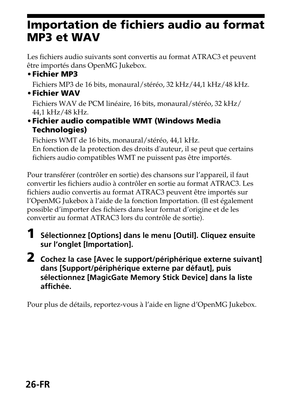Importation de fichiers audio au format mp3 et wav | Sony MagicGate MSGC-US10 User Manual | Page 56 / 92