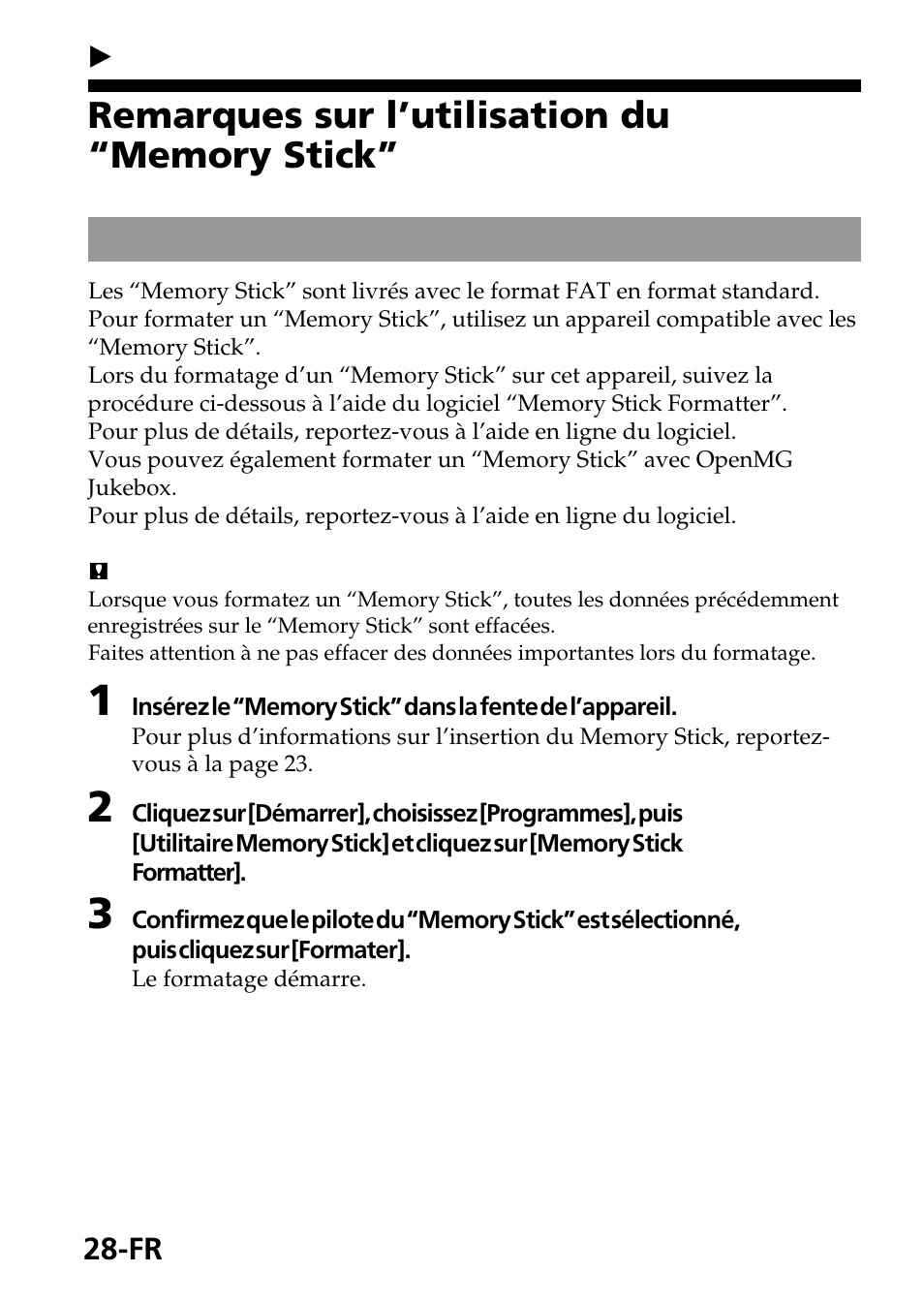 Autres informations, Remarques sur l’utilisation du “memory stick | Sony MagicGate MSGC-US10 User Manual | Page 58 / 92