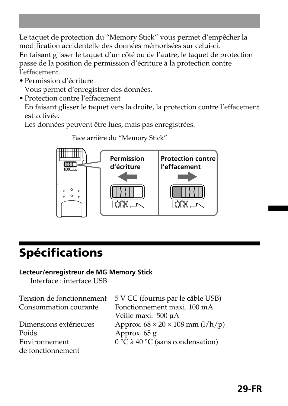 Spécifications, Protection contre l’effacement des données, Lock | Sony MagicGate MSGC-US10 User Manual | Page 59 / 92