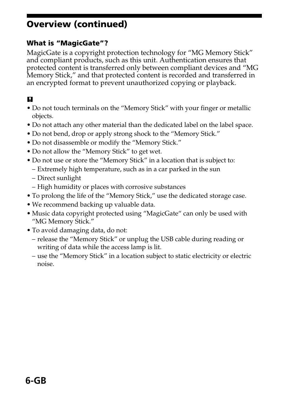 Overview (continued) | Sony MagicGate MSGC-US10 User Manual | Page 6 / 92