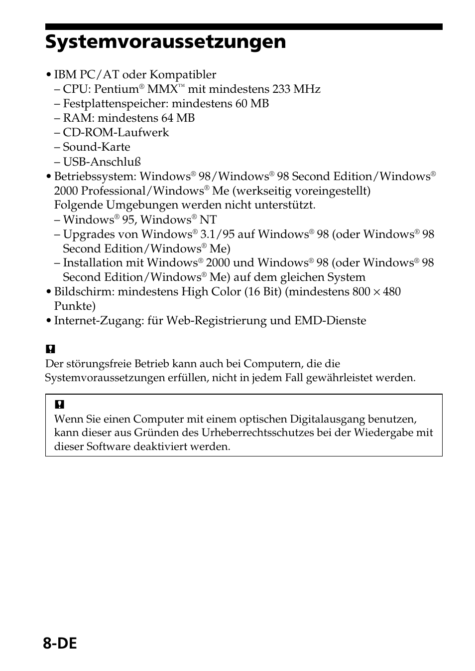 Systemvoraussetzungen | Sony MagicGate MSGC-US10 User Manual | Page 68 / 92