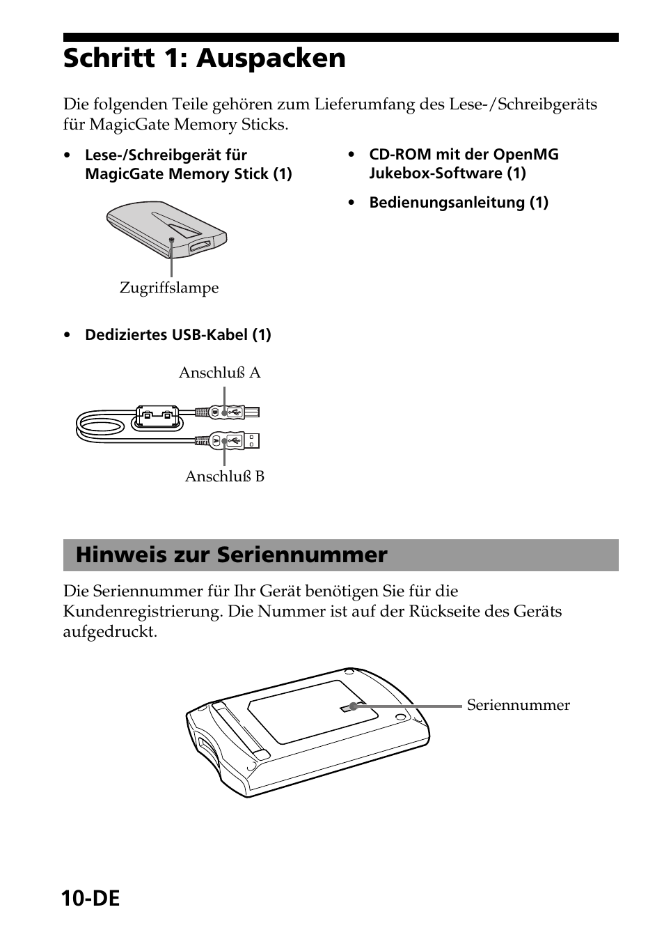 Schritt 1: auspacken, Hinweis zur seriennummer | Sony MagicGate MSGC-US10 User Manual | Page 70 / 92