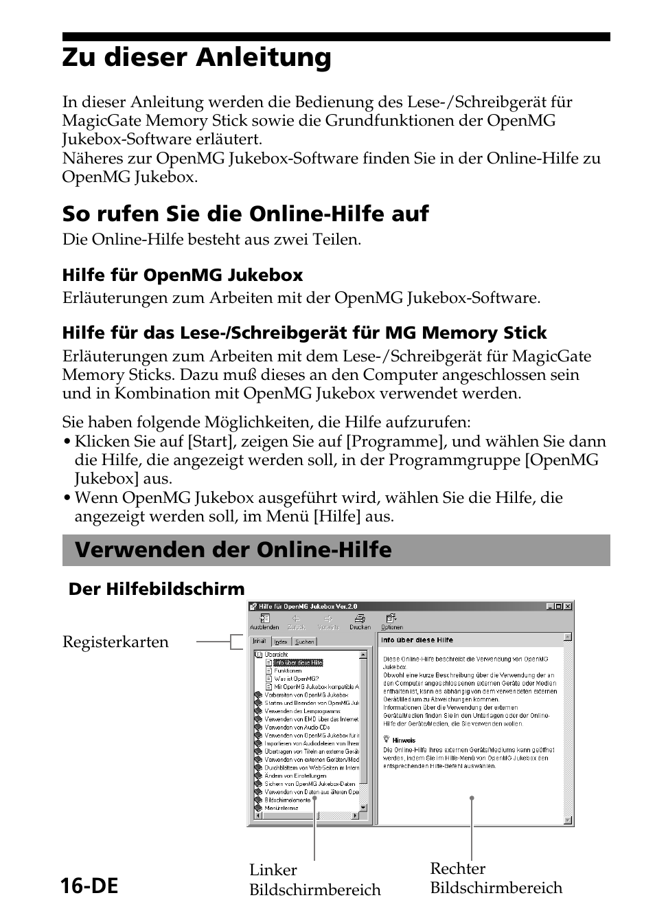 Zu dieser anleitung, So rufen sie die online-hilfe auf, Verwenden der online-hilfe | Sony MagicGate MSGC-US10 User Manual | Page 76 / 92