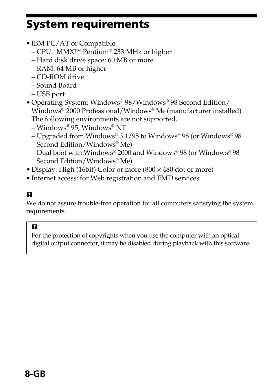 System requirements | Sony MagicGate MSGC-US10 User Manual | Page 8 / 92