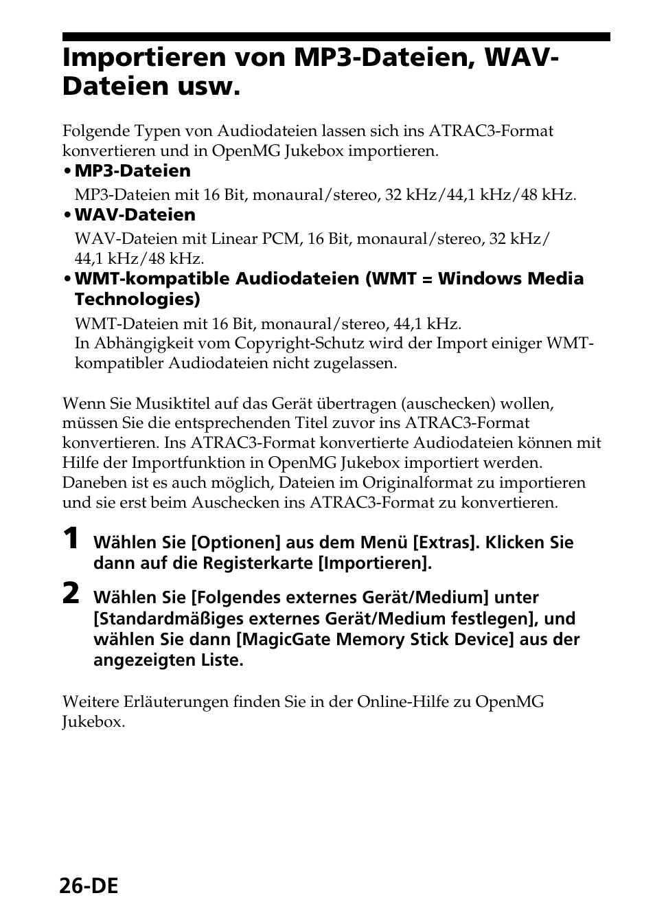 Importieren von mp3-dateien, wav-dateien usw, Importieren von mp3-dateien, wav- dateien usw | Sony MagicGate MSGC-US10 User Manual | Page 86 / 92