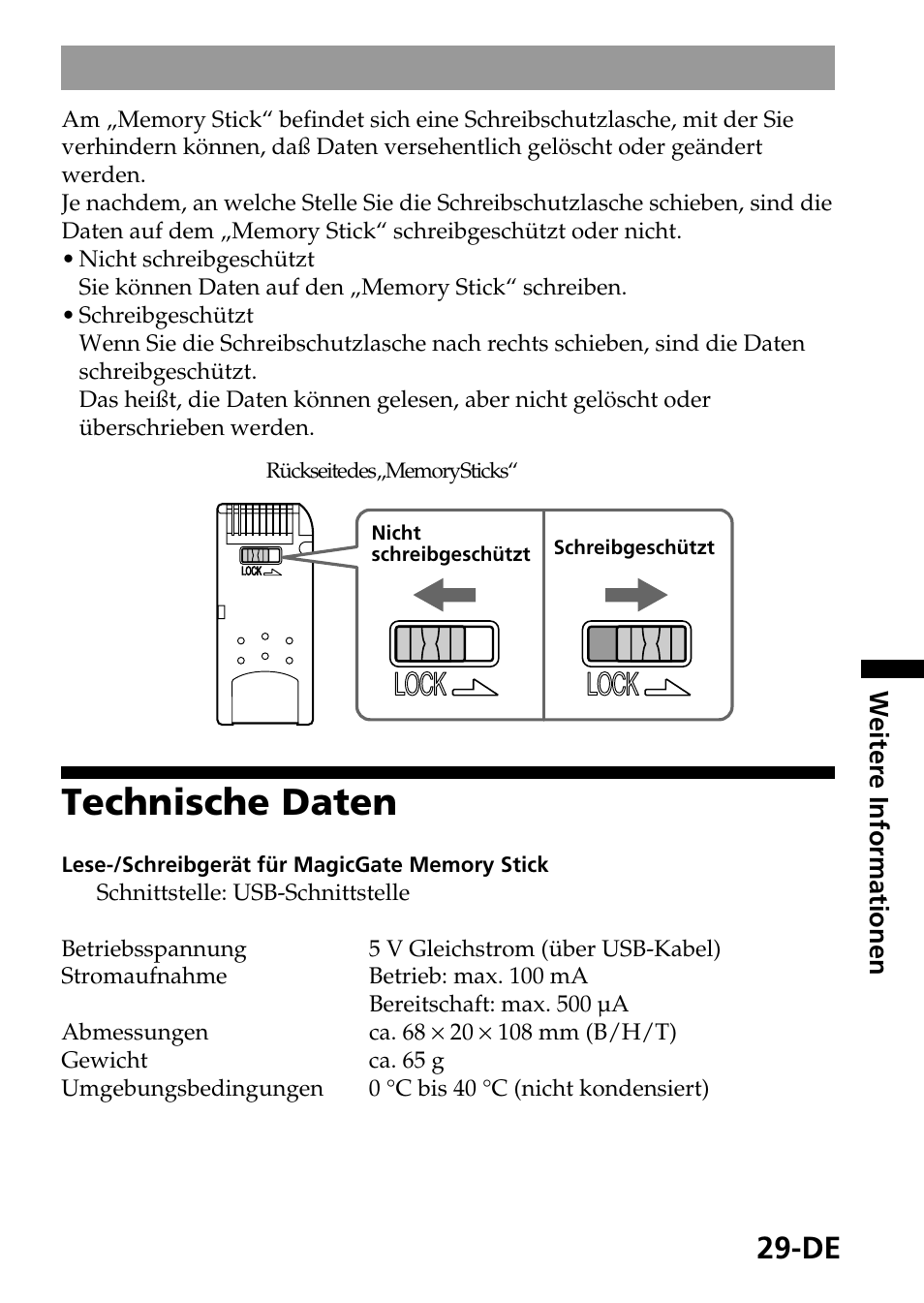 Technische daten, So schützen sie daten vor dem überschreiben, Lock | Sony MagicGate MSGC-US10 User Manual | Page 89 / 92