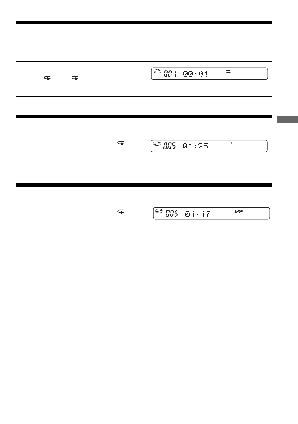 Playing tracks repeatedly (repeat play), Playing a single track (single play), Playing tracks in random order (shuffle play) | Playing tracks in random order, Shuffle play), Playing tracks repeatedly, Playing a single track | Sony D-EJ2000 User Manual | Page 11 / 32