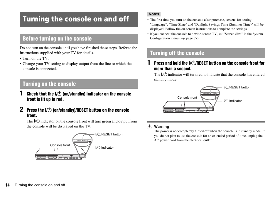Turning the console on and off, Turning off the console | Sony SCPH-77002 User Manual | Page 14 / 56