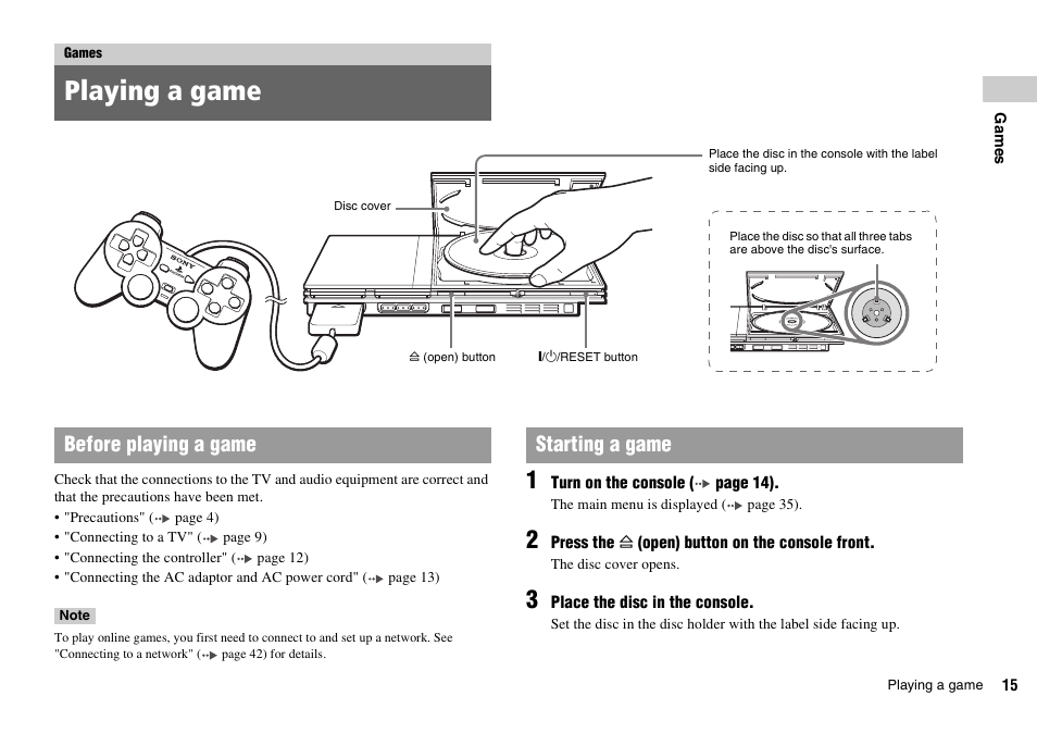 Games, Playing a game, Before playing a game starting a game | Sony SCPH-77002 User Manual | Page 15 / 56