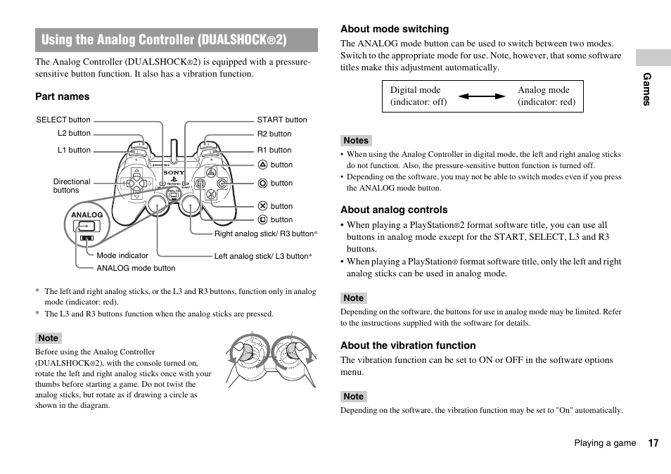 Using the analog controller (dualshock | Sony SCPH-77002 User Manual | Page 17 / 56