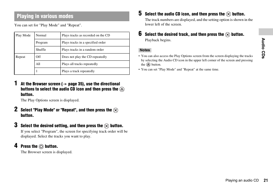 Playing in various modes | Sony SCPH-77002 User Manual | Page 21 / 56