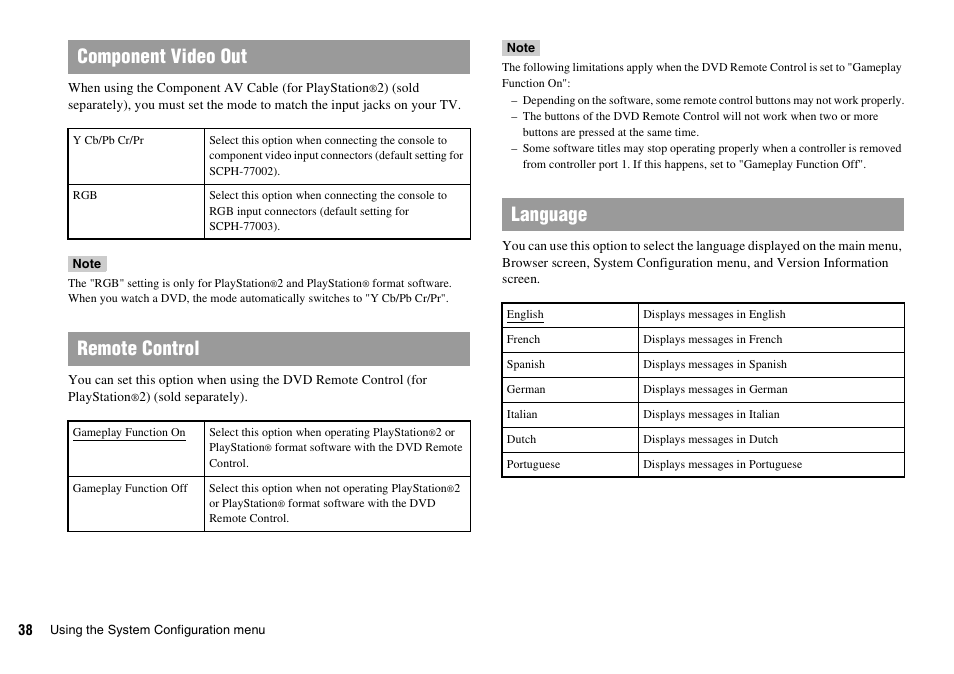 Component video out, Remote control, Language | Sony SCPH-77002 User Manual | Page 38 / 56