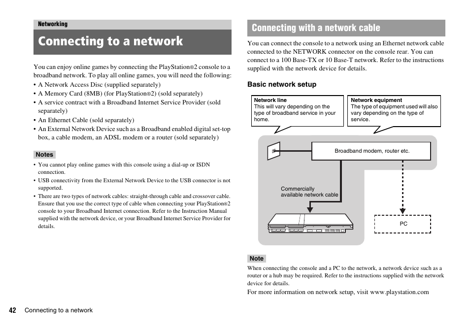 Networking, Connecting to a network, Connecting with a network cable | Sony SCPH-77002 User Manual | Page 42 / 56