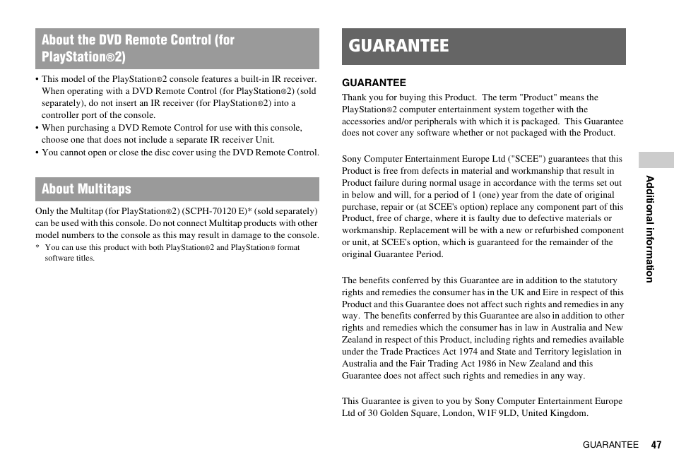 Guarantee, About the dvd remote control (for playstation, 2) about multitaps | Sony SCPH-77002 User Manual | Page 47 / 56