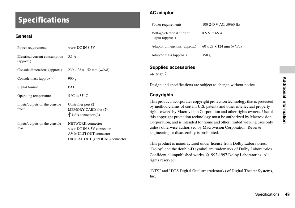 Specifications | Sony SCPH-77002 User Manual | Page 49 / 56